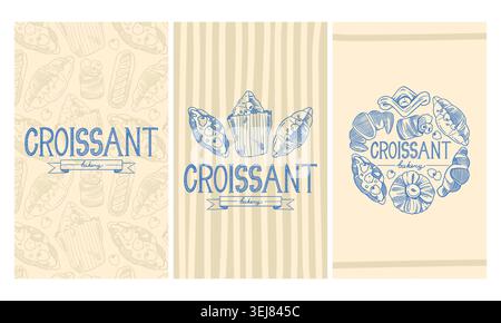Hand Drawn Croissant Bakery 3 Banner Set in Retro Style Stock Vector