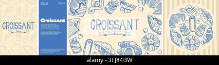 Bakery and pastry design set: seamless pattern, round composition and frames with hand-drawn croissants and eclairs Stock Vector