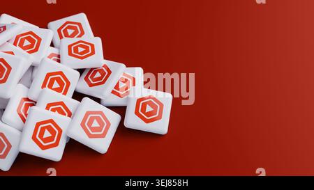 Logo of video creator platform YouTube Studio in a big pile on red background with copy space as web banner header Stock Photo