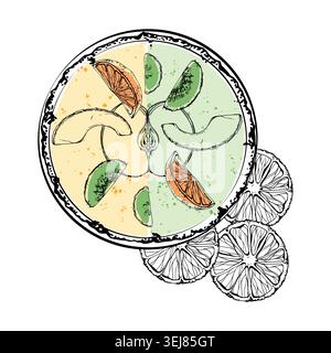 Green detox smoothie bowl with kiwi, cucumber, apple and avocado pieces, citrus wheels garnish. Hand drawn ink vector art. Health magazine inserts Stock Vector