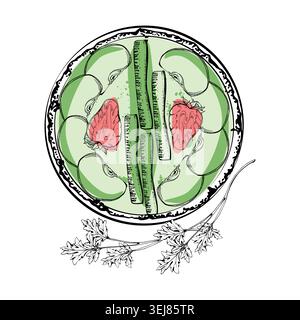 Detox green smoothie bowl, apple pieces, cucumber sticks, strawberry accents, celery leaves topping. Hand drawn ink vector. Diet tracking journals Stock Vector