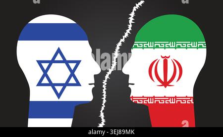 Illustration of us , Israel and Iran war depicting head of man with countries flag Stock Vector