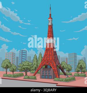 Vector illustration of Tokyo Tower landmark and city skyline under blue sky Stock Vector