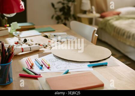 Child Bedroom Desk with Space Drawing and Creative Learning Setup Stock Photo