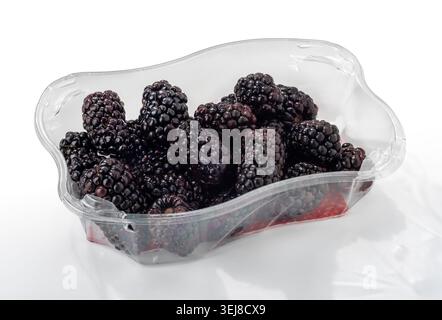 Fresh blackberries in a clear plastic container, isolated on white, clipping path included Stock Photo