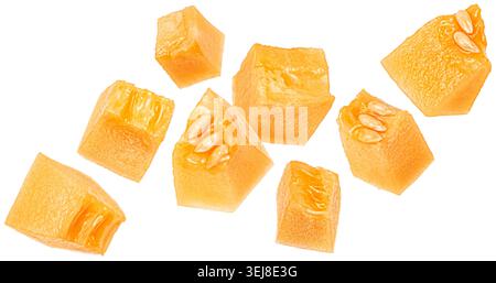 Sweet melon pulp cubes isolated on white background with clipping path Stock Photo