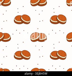 Seamless pattern with sweet sandwich cookies and cream filling. Cute vector illustration in cartoon hand drawn style for bakery wallpaper, fabric, and Stock Vector