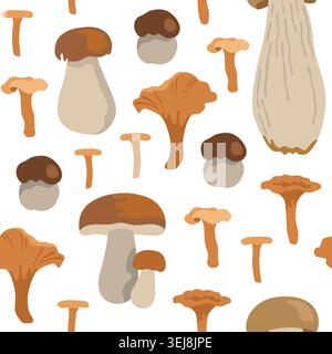 Hand-drawn seamless autumn pattern with forest wild mushrooms, white mushroom, chanterelle for fall packaging, seasonal background Stock Vector