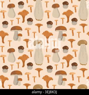 Hand-drawn seamless autumn pattern with wild mushrooms, white mushroom, chanterelle for fall packaging, seasonal background Stock Vector