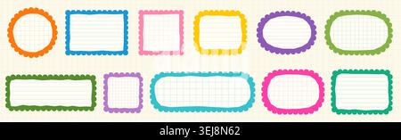Colorful notes, lined and grid paper with scalloped edges vector set, Rounded scallop labels, stickers for scrapbooking, journaling, cute frames and b Stock Vector