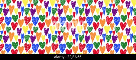 Colorful doodle hearts seamless vector pattern in the LGBT Flag Colors, cute hand drawn design for backgrounds Stock Vector
