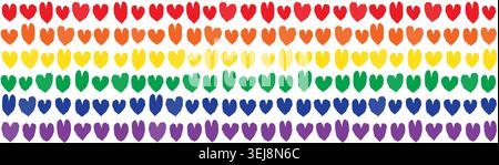 Colorful hearts seamless vector pattern with irregular heart shapes in LGBT pride flag colors for backgrounds and fabric design Stock Vector