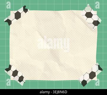 Blank crumpled paper sheet with soccer ball washi tape, Vector scrapbook note graphic design element for sport posters, banners and journaling Stock Vector