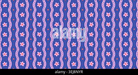 Blue and Pink Wavy Stripes with Cute Daisy Flowers and Polka Dots Vector Seamless Pattern, Retro 70s Floral Squiggle Lines, Girly Boho Summer Backgrou Stock Vector