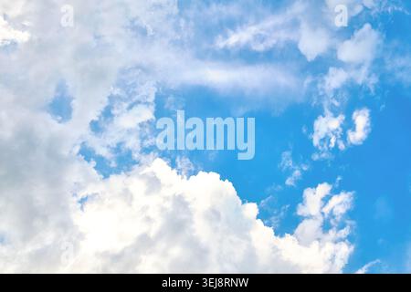 Blue sky with cumulus clouds and bright opening, dramatic natural background, wide view, copy space, horizontal. Stock Photo