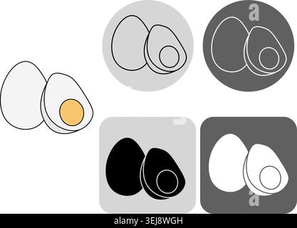 Two hard boiled eggs with one whole and one sliced in half Egg logotype hand drawn illustration. Vector graphic line art. bright yellow yolk for break Stock Vector