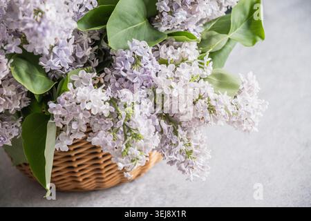 Close up of fresh lilac flowers with green leaves in wicker basket, delicate spring blossom texture, pastel floral background, natural daylight, botan Stock Photo