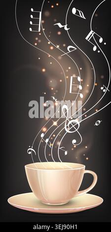 Warm coffee cup steams with musical notes Stock Vector