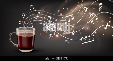 Dark cup steams softly beside glowing musical note Stock Vector