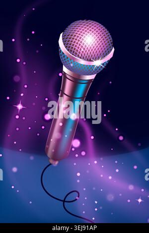 Purple microphone gleams under neon lights Stock Vector