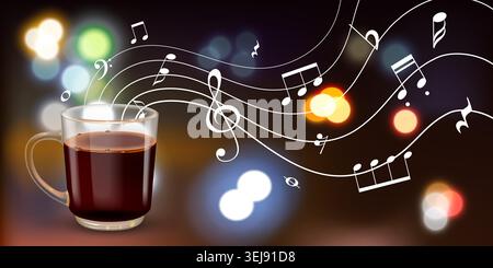 Warm coffee steams beside musical notes swirling Stock Vector
