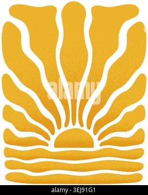 Sea and sun silhouettes with curvy waves and rays with grain texture. Sunburst, sunlight or sunburst vertical poster. Summer theme wallpaper. Positive vibes concept. Vector flat illustration. Stock Vector