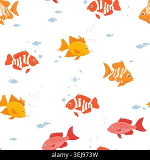 Funny tropical fish, and bubbles, seamless summer pattern. vector illustration. Marine animals, isolated on a white background on a white background. Stock Vector