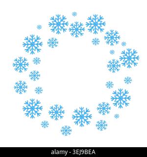 Drawing with colored pencils of a circular wreath frame made of blue snowflakes in various sizes. Elegant winter season round border isolated on a Stock Photo