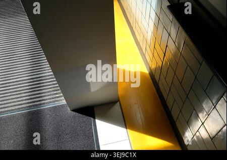 linear abstract shapes, bright yellow stripe flooring effect Stock Photo