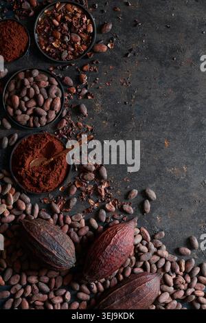 Top view of cocoa beans, cocoa powder, and cocoa nibs arranged on a dark textured background. Stock Photo