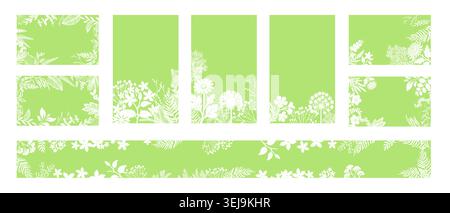 A set of green frames with floral flowers and branches. Hand drawn. Not AI, vector illustration. Stock Vector