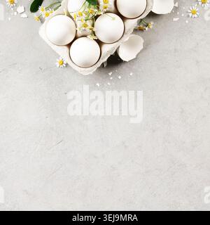 White chicken eggs in carton box with chamomile daisies and cracked shells on light concrete background. Minimal spring and Easter flat lay with copy Stock Photo