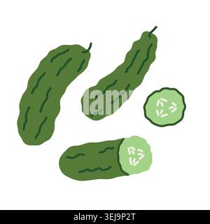 cucumber whole, half and slice icon, fresh green vegetable set for healthy food, cooking, vegan nutrition, and organic design -vector illustration Stock Vector