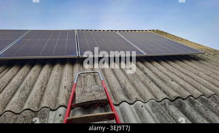 Low angle view of rooftop solar panels and ladder access, representing renewable energy installation and sustainable technology. Stock Photo
