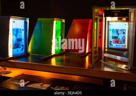 Chromoscope demonstrating the separation of a color photo into its component light wavelengths of red, green, and blue, combining to form a full image Stock Photo