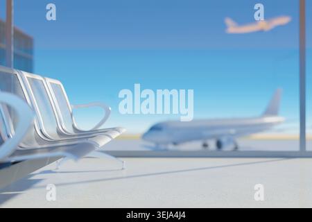 3D render of airport lounge with metal waiting seats and blurred airplanes visible through large terminal windows. Stock Photo