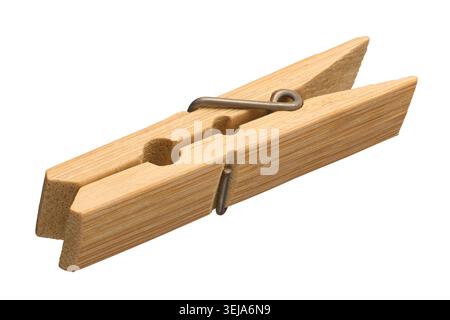 wooden bamboo clothespin isolated white background, laundry peg with natural wood grain texture, angle view of mock-up template Stock Photo
