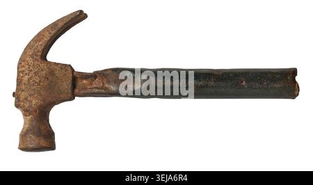 old rusty metal claw hammer isolated white background, antique hand tool with dark worn metal handle Stock Photo