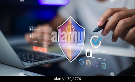 Businessman hand using stylus with secure login firewall interface on laptop. Concept of cyber security, data protection, and network safety with holo Stock Photo