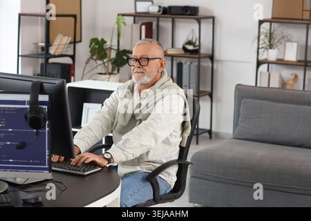 Mature programmer working with computer at table in office Stock Photo