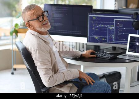 Mature programmer working with computer at table in office Stock Photo