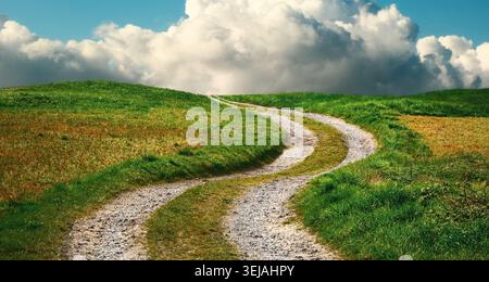 Bend on a dirt road winding its way through a meadow to the horizon. Route on a summer landscape with grass and nice clouds in the blue sky. Stock Photo