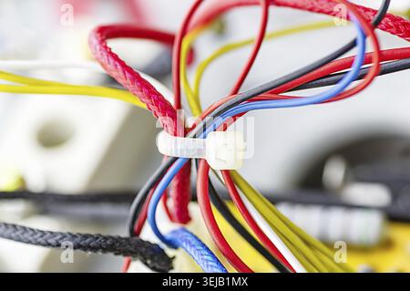 Multicolored electrical cables isolated close up. Selective focus Stock Photo