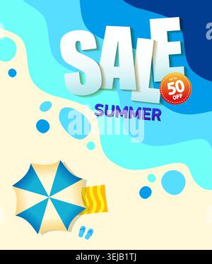 top view of summer beach waves background. Summer sale lettering template banner. vector poster set with 50 . blue and orange color. Vector Stock Vector