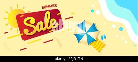 top view of summer beach waves background. Banner of sale in online store. sun on a yellow background. Stock Vector