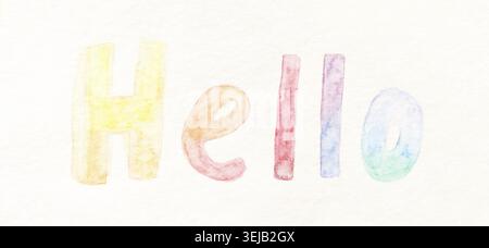 Colorful watercolor text hello on white background in gradient shades of yellow, orange, red, blue, green, and pink Stock Photo