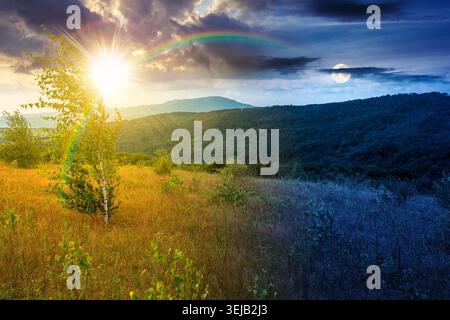 tree on a field in mountain landscape. day meet night. sun and moon over green countryside of ukraine in summer. cloudy weather. carpathian landscape Stock Photo