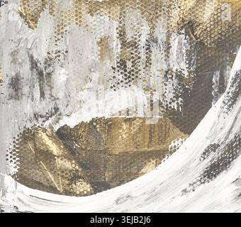 Abstract textured canvas with white, black, and gold paint strokes in dynamic patterns Stock Photo