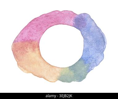 Abstract multicolored watercolor circle with pink, blue, green, and yellow hues on white background Stock Photo