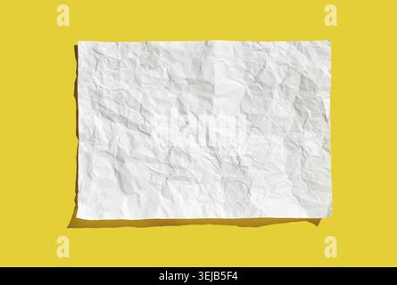 Crumpled white paper sheet on bright yellow background highlighting texture and shadows Stock Photo